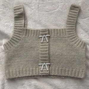 Gray Knit Crop Top with Bow Accents